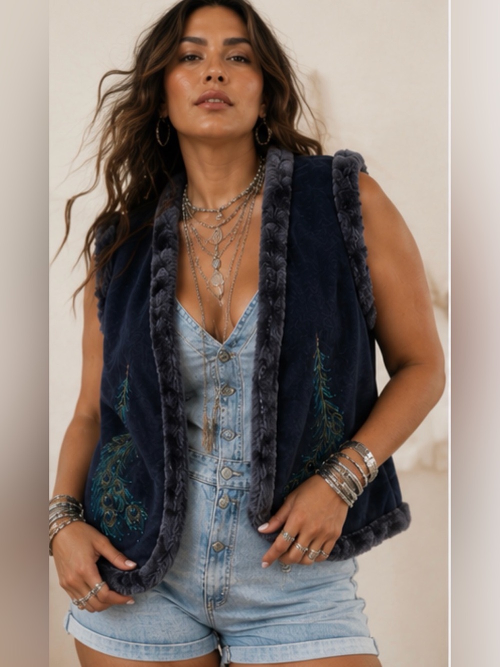 Faux Suede Peacock Embroidered Open Vest – Large | Boho Western Festival Layer